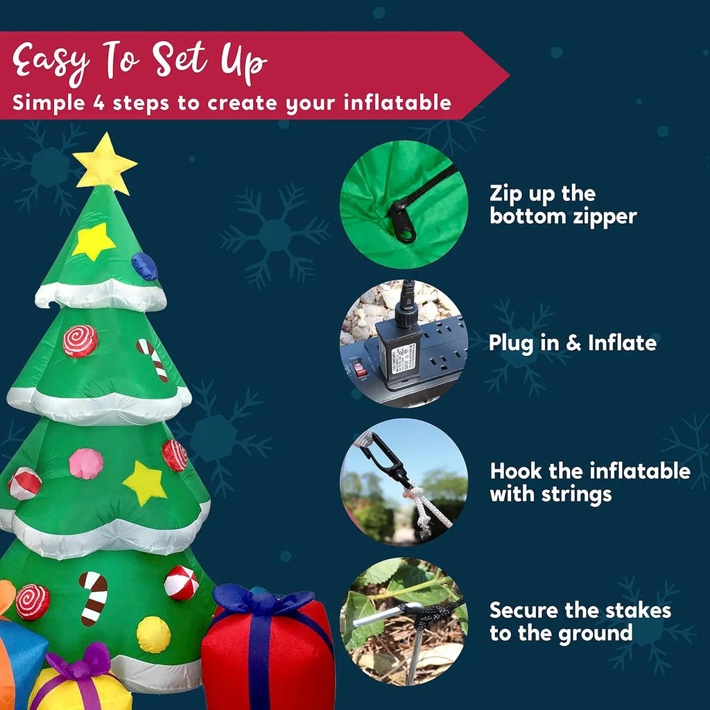 Tinselglow setup graphic showing zipper closure, plug-in inflation and outdoor anchoring.