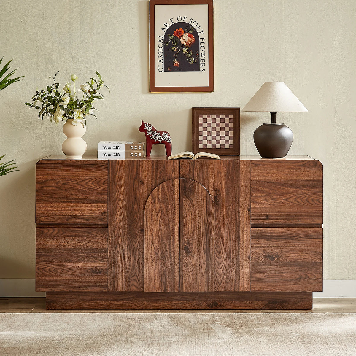Walnut Brown Pearlrise showing four side drawers around the center cabinet