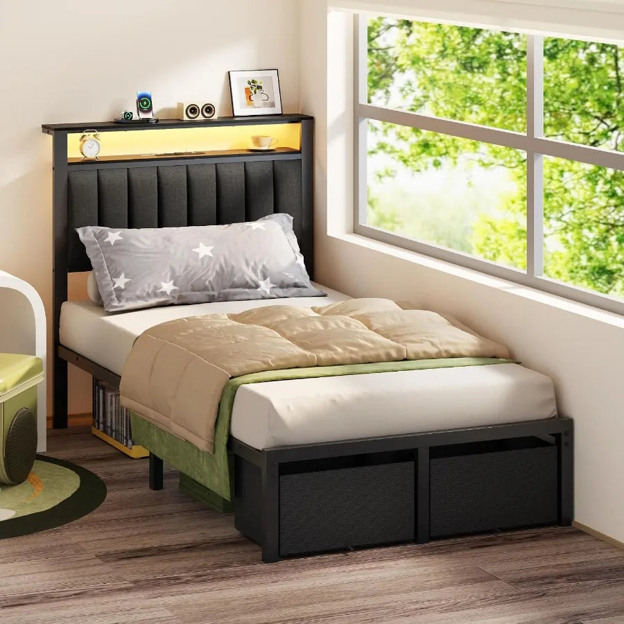Daytime bedroom scene with a padded headboard and illuminated storage shelf