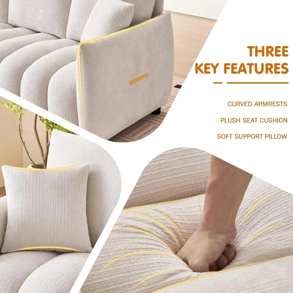 Loftelle armrest and pillow details with a hand pressing the channel-detailed seat.