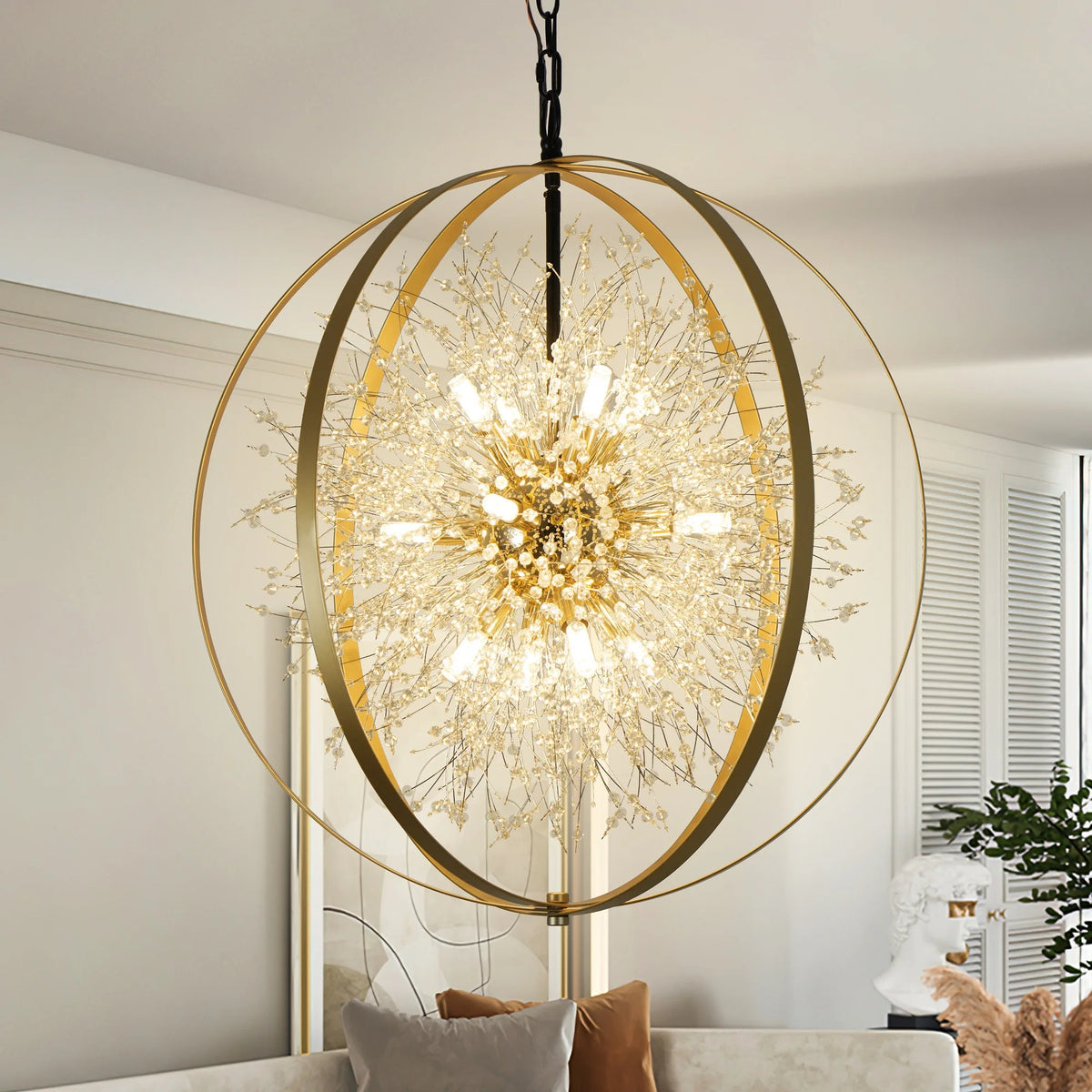 Glintseed gold globe chandelier with a crystal-accented branching center.