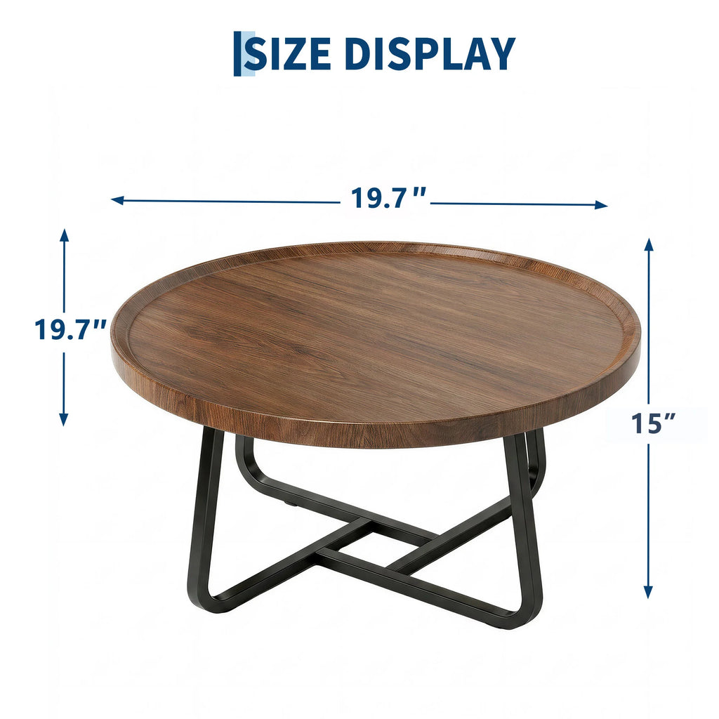 Round wooden coffee table with a black metal base, shown with blue dimension arrows and text indicating a size display of 19.7 inches by 19.