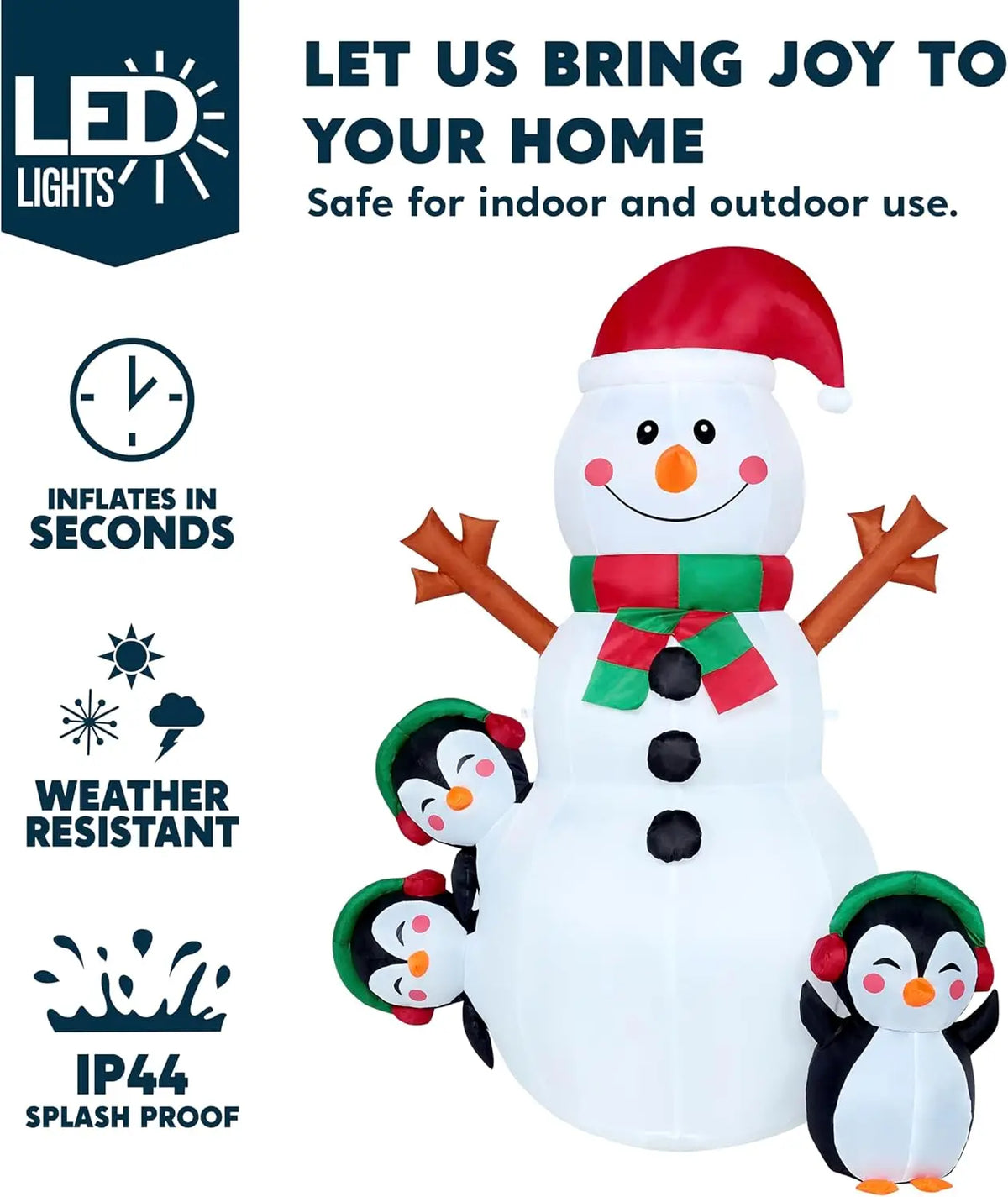 Snowlisse: Snowman and penguin inflatable with LED and outdoor-use feature icons