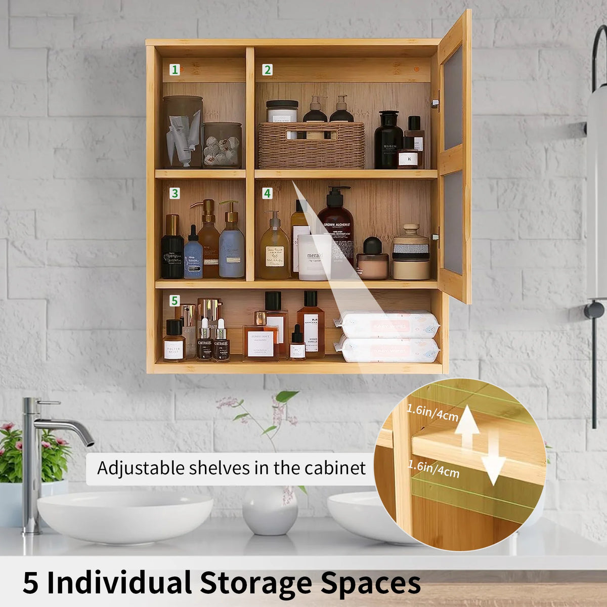 Charmline storage diagram identifying five separate spaces and adjustable shelving