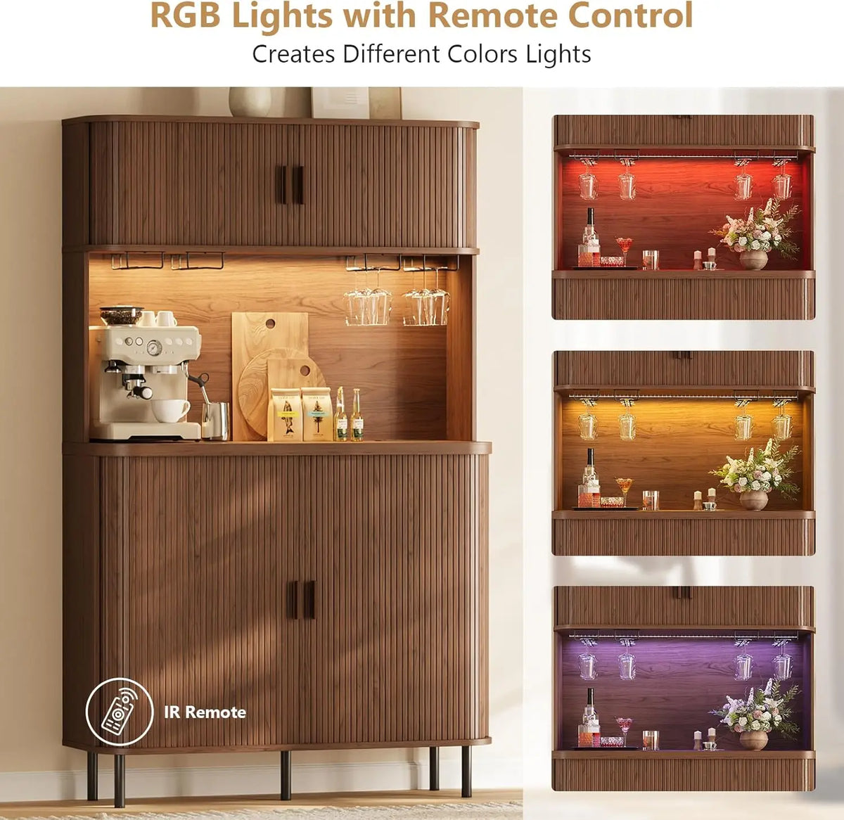 Sablenote brown bar cabinet displaying different light colors with remote-control lighting.