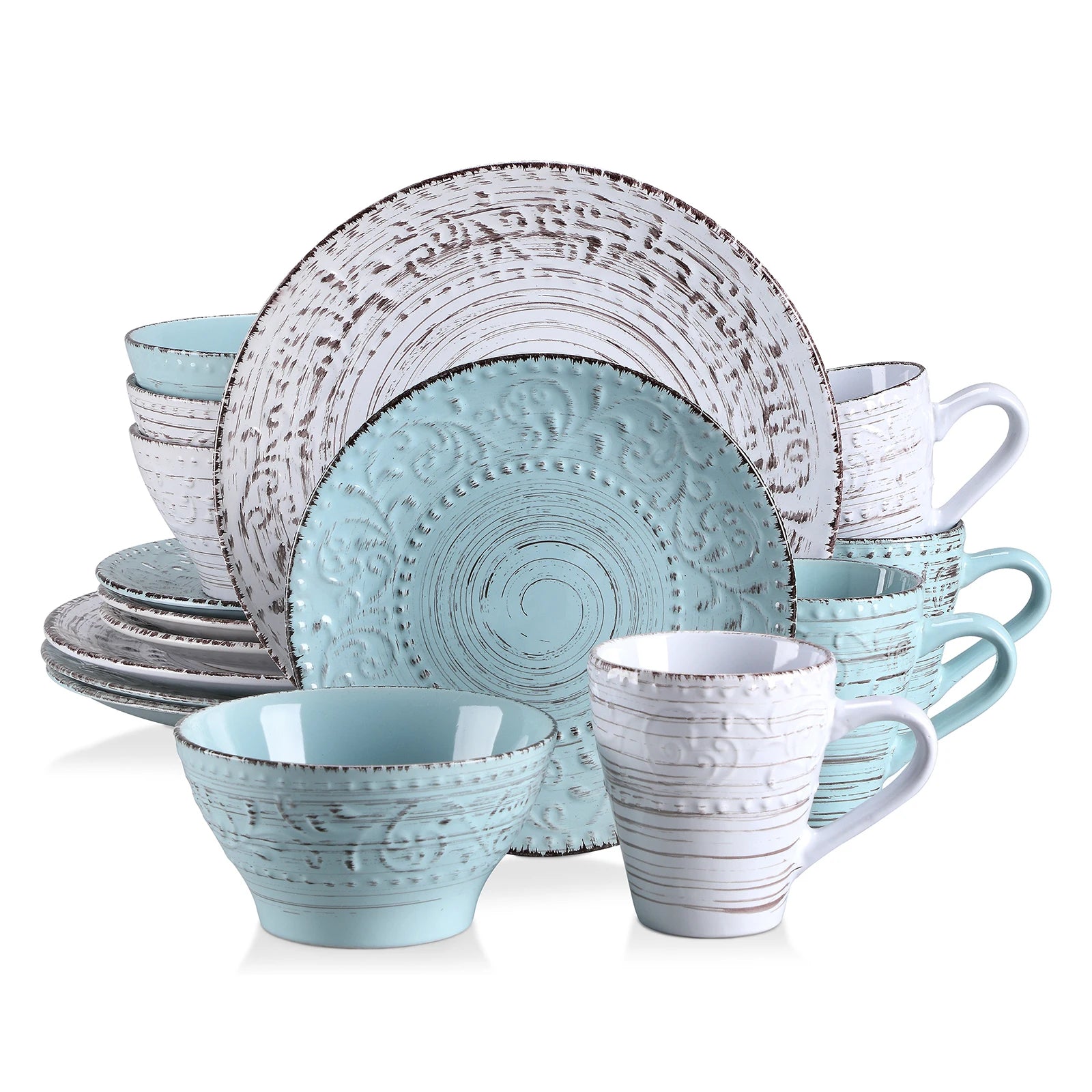 VANCASSO VINE Embossed Stoneware Dinnerware Set – 16/32/48 Pieces, Beige & Blue-Green
