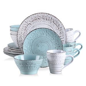 VANCASSO VINE Embossed Stoneware Dinnerware Set – 16/32/48 Pieces, Beige & Blue-Green