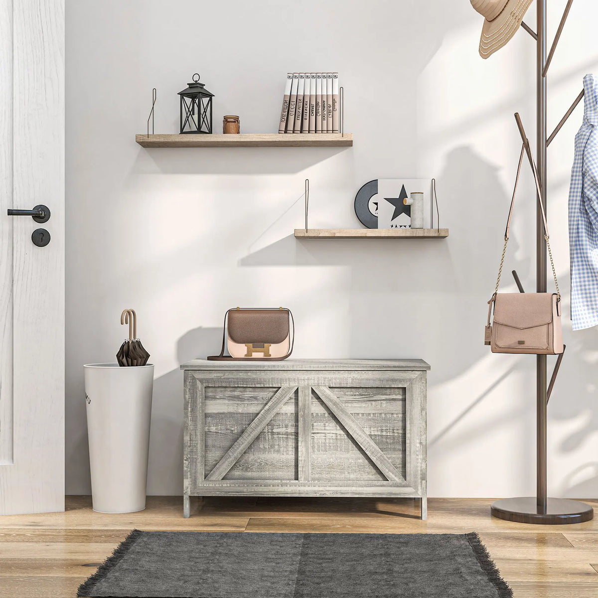Greywick lift-top bench used as enclosed storage in a hallway