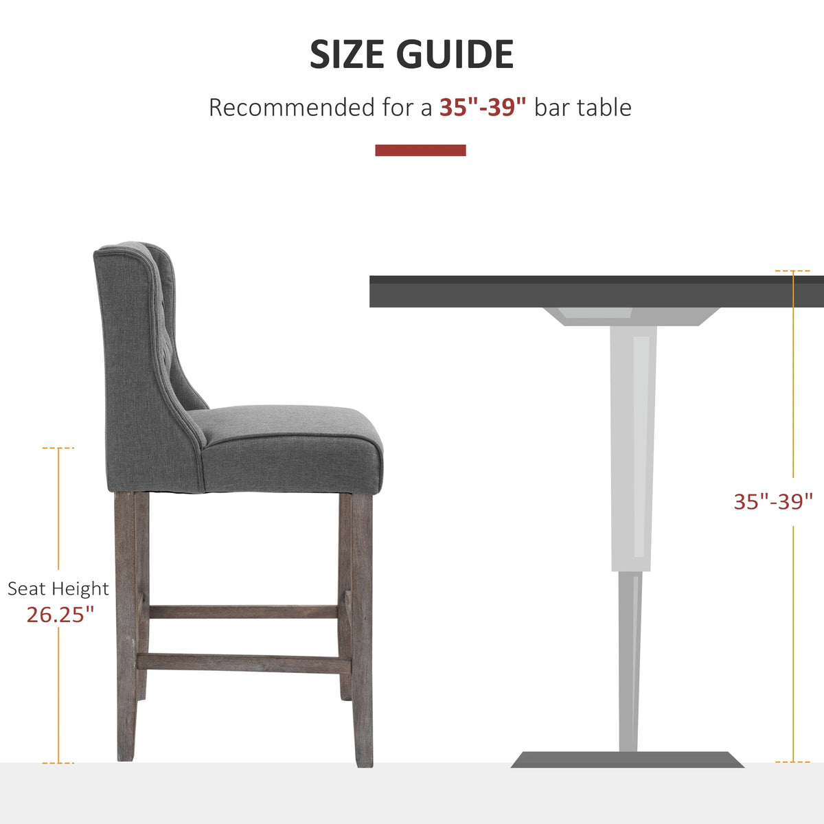 Tuftora counter-height guide distinguishing the 26.25-inch seat from the suggested 35-to-39-inch table height