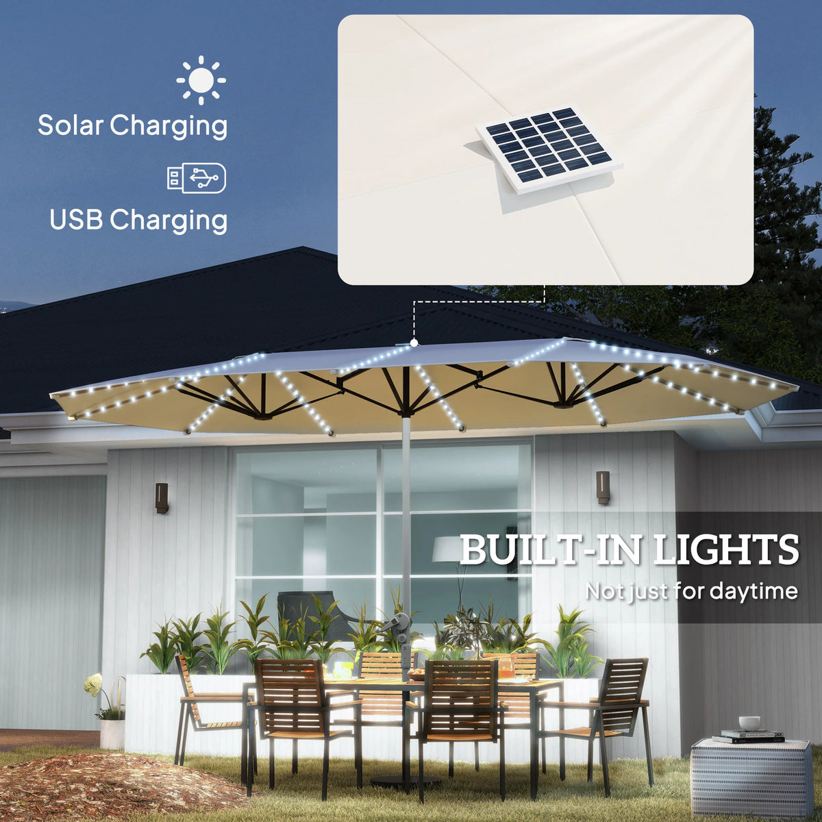 Lumaire 15' Solar LED Double-Sided Patio Umbrella – Cream