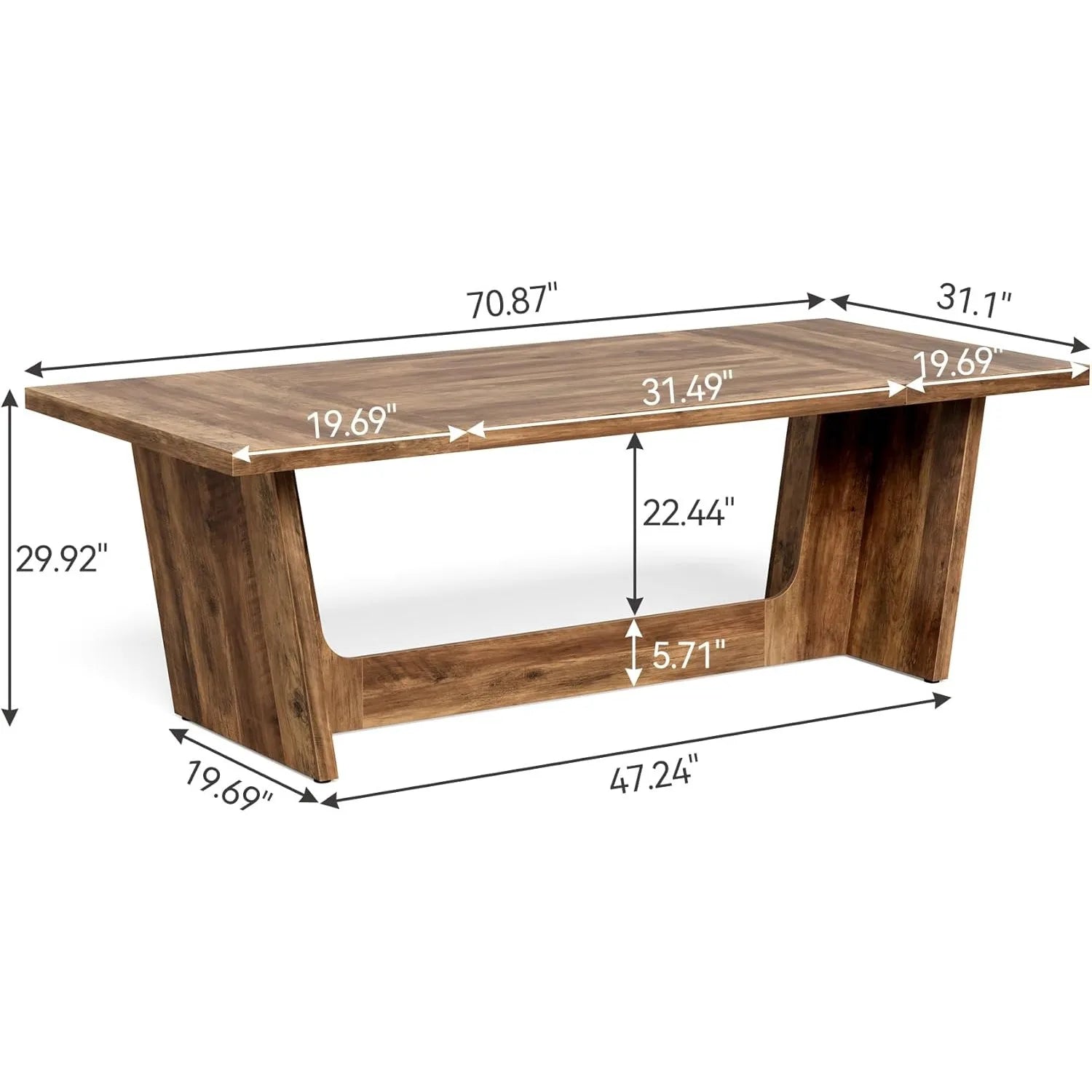 Wooden table with dimensions labeled on a white background