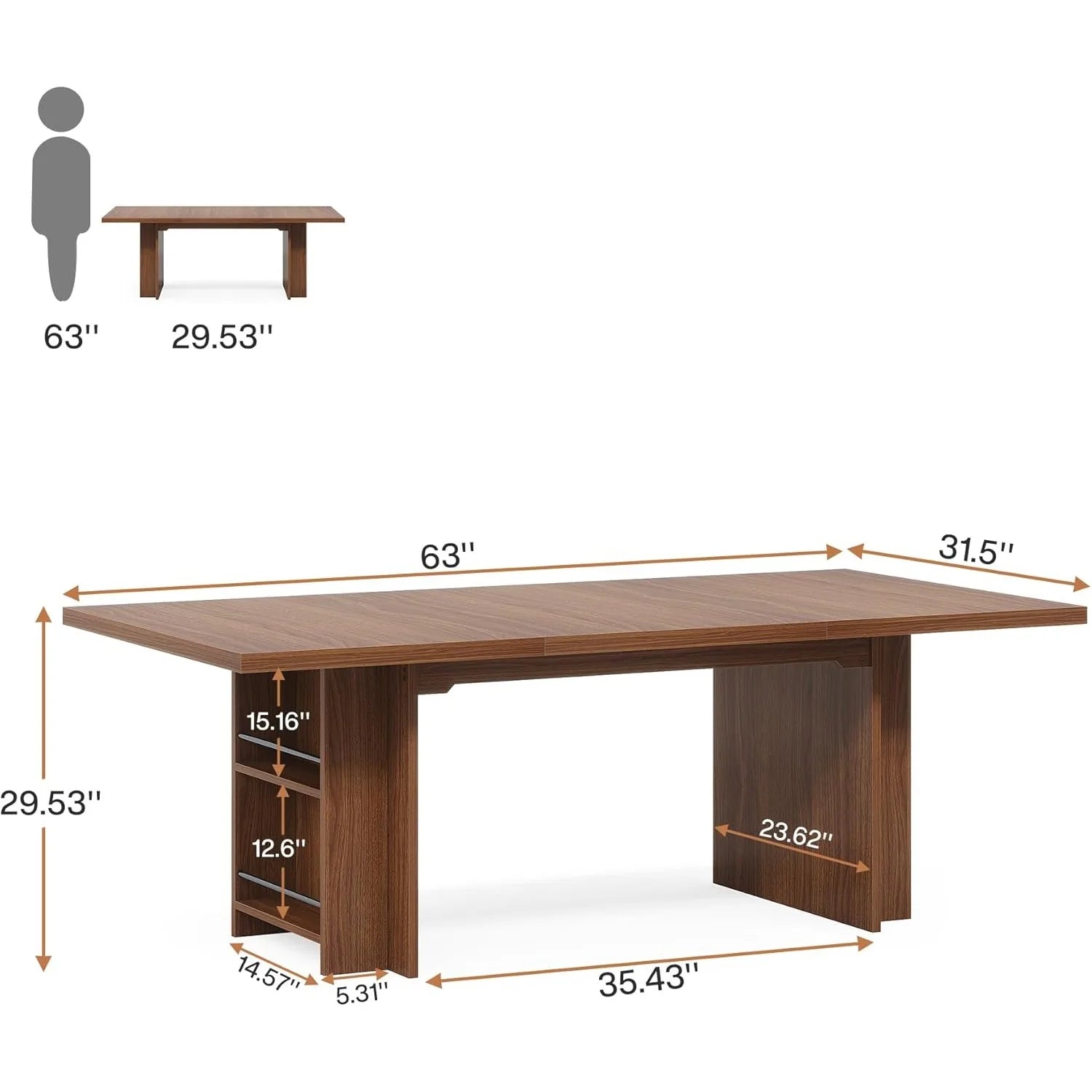 Wooden desk with dimensions labeled on a white background
