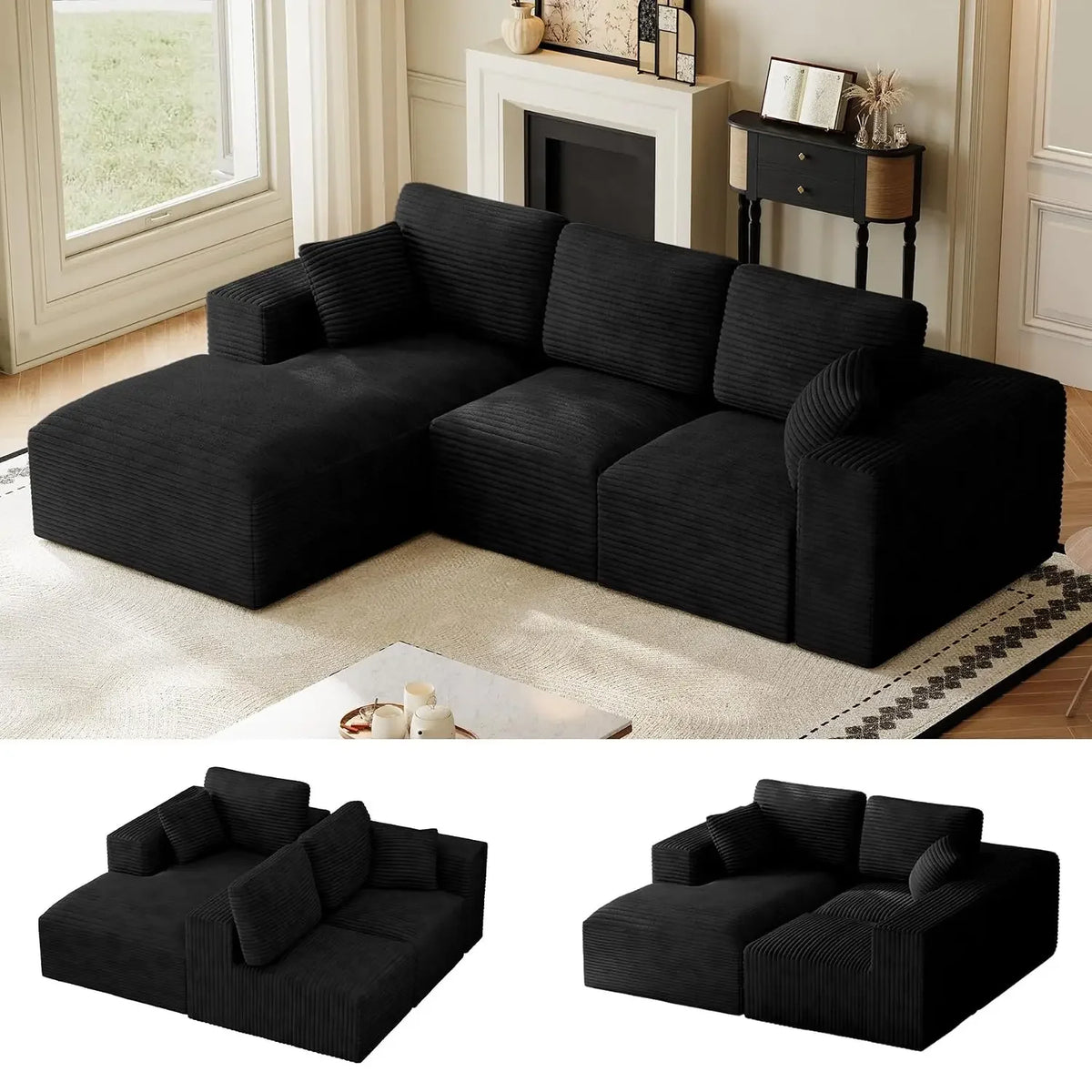 Linvere dark gray modular L-shaped sofa with deep chaise and matching cushions