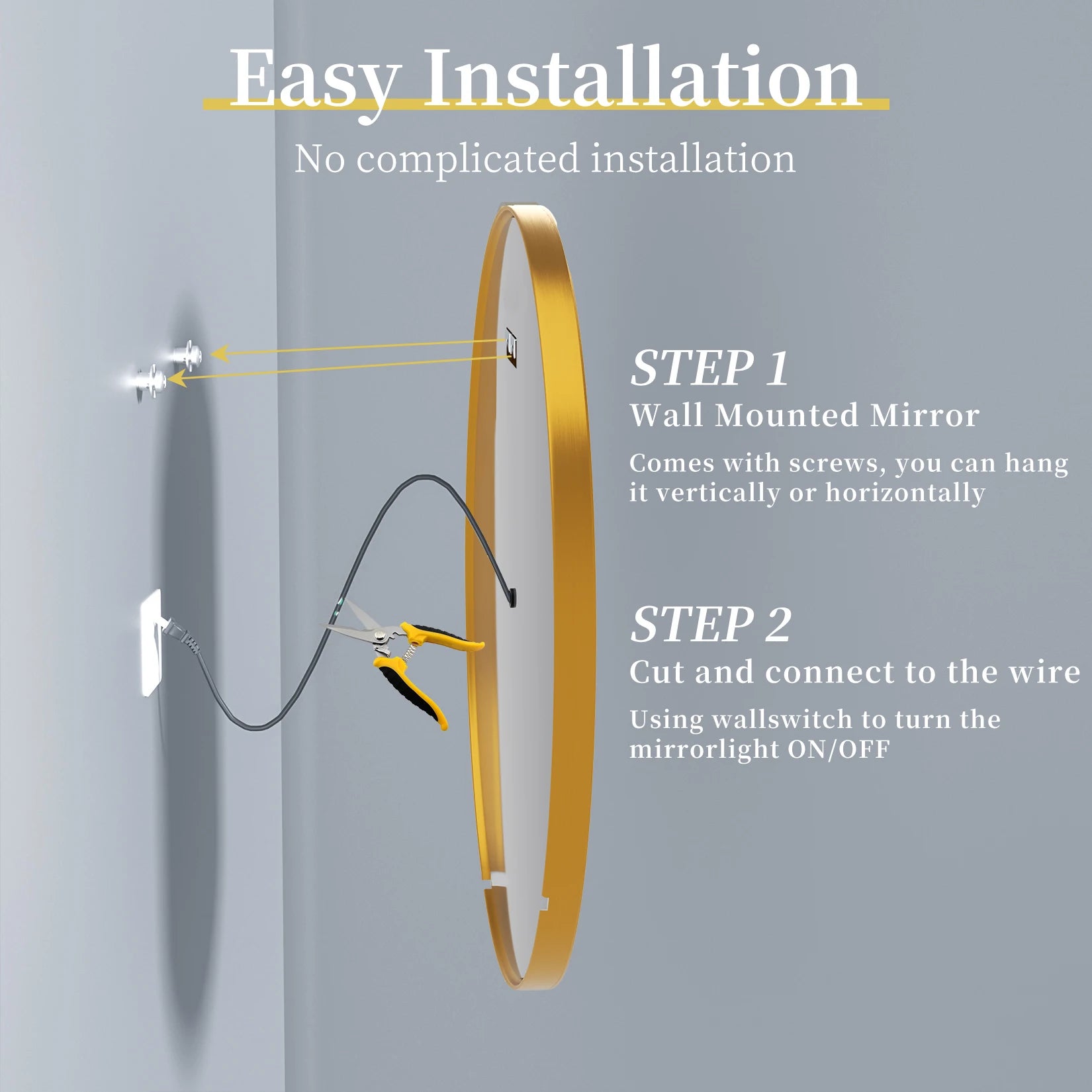 Round LED Bathroom Mirror – Gold Aluminum Frame, Anti-Fog