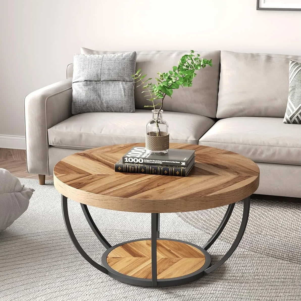Wooden coffee table with a plant and books in a living room setting
