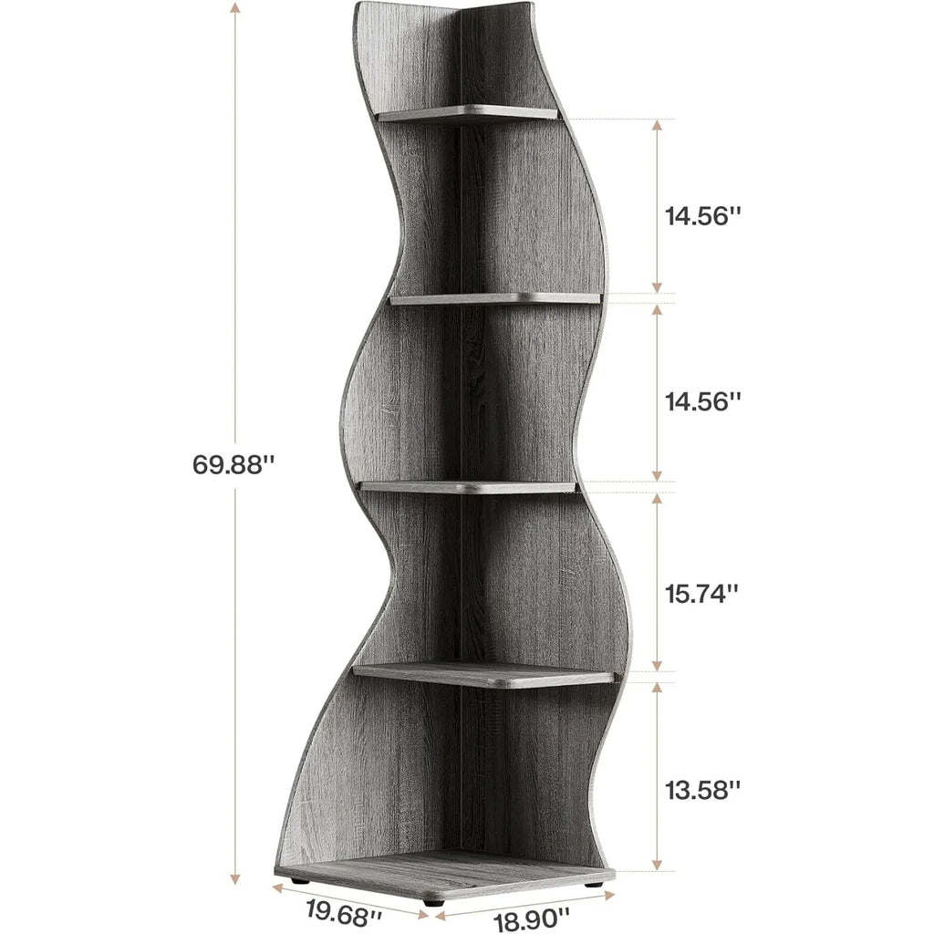 Wavy bookshelf with dimensions labeled on a white background