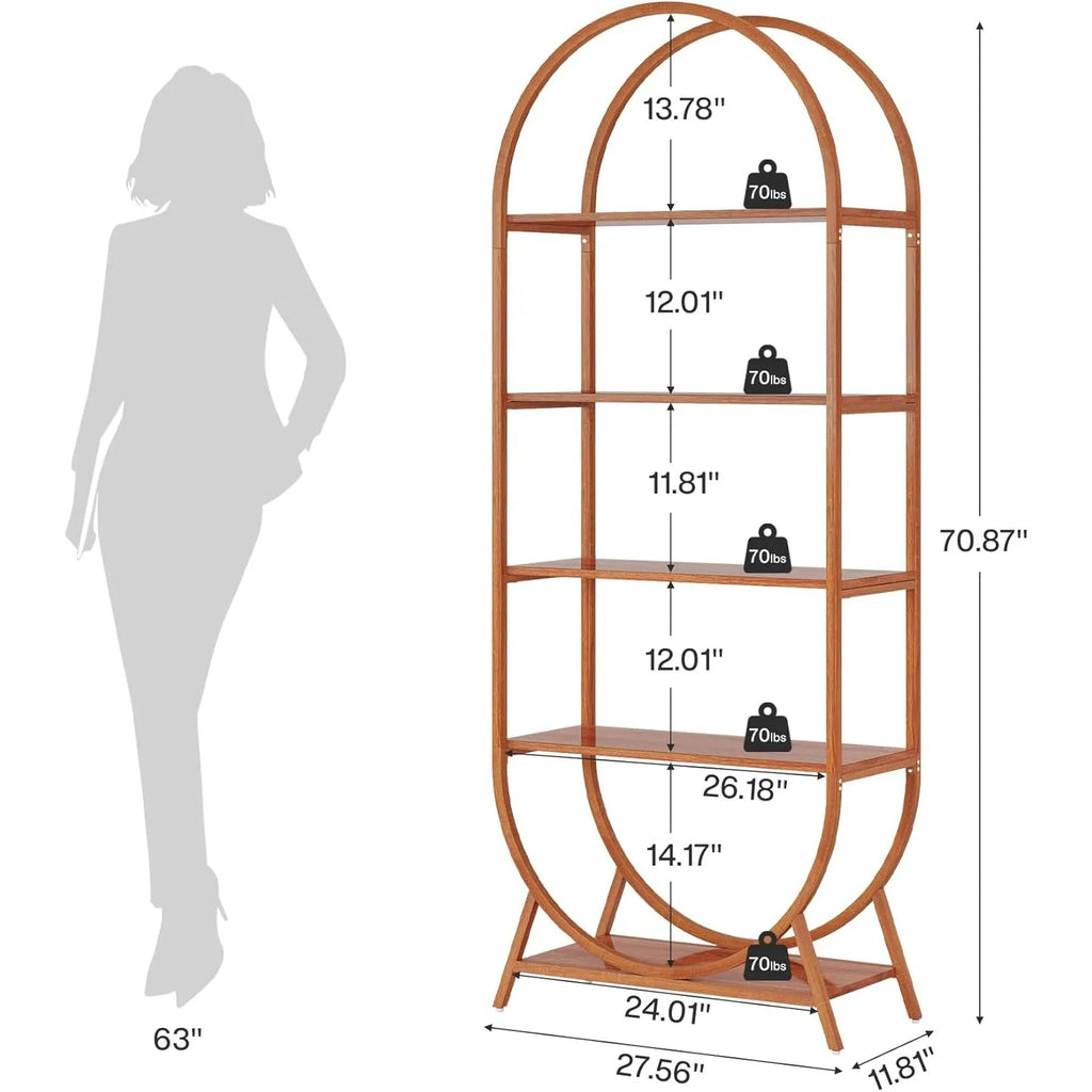Wooden arch-shaped bookshelf with dimensions labeled, shown next to a silhouette of a person for scale.