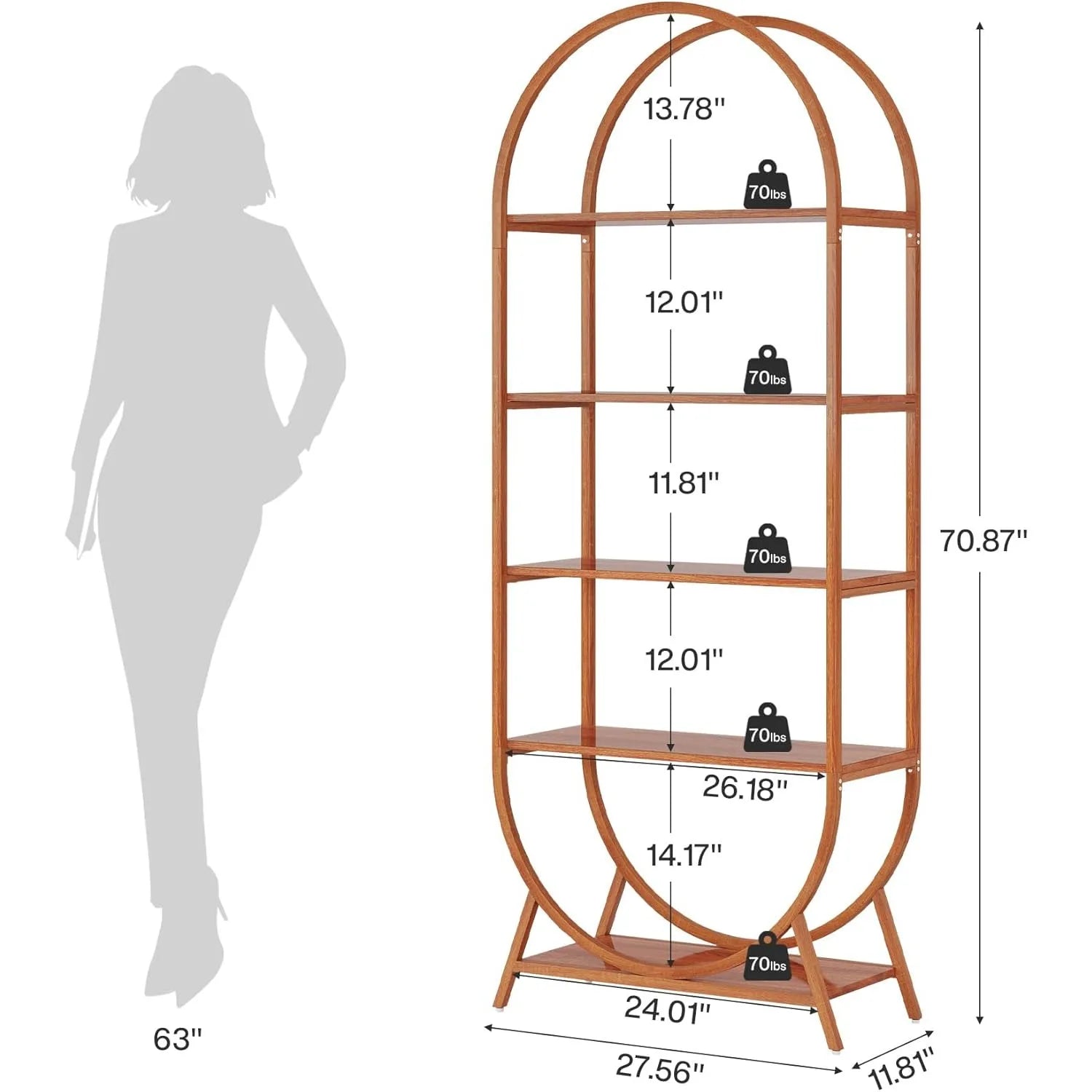 Wooden arch-shaped bookshelf with dimensions labeled, shown next to a silhouette of a person for scale.