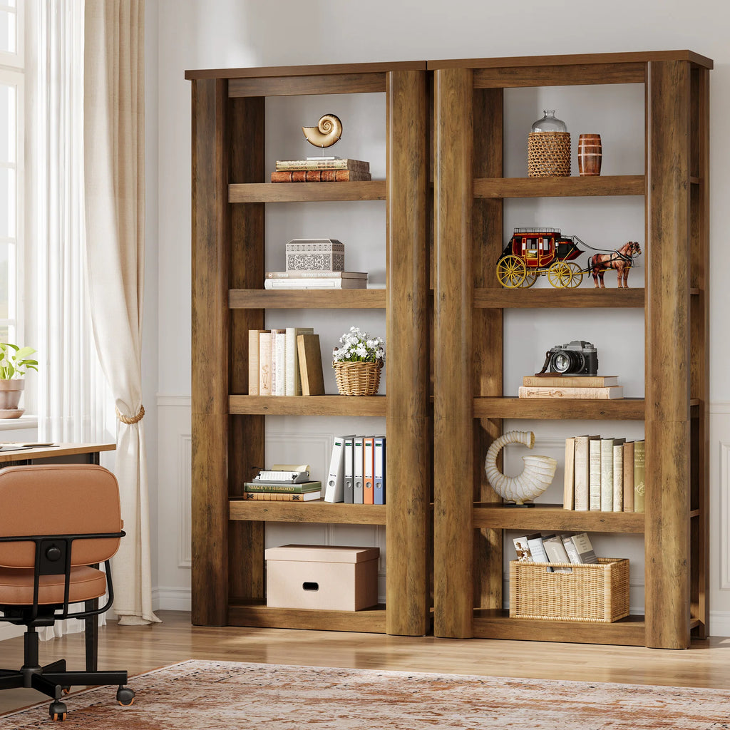 Two Marigoldecho bookcases staged side by side with books and ornaments