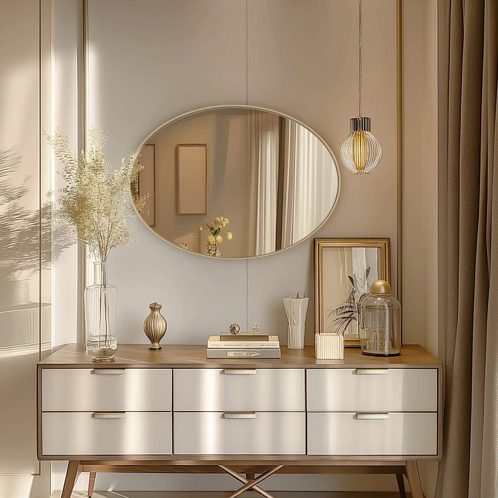 Oval Gold-Framed Wall Mirror