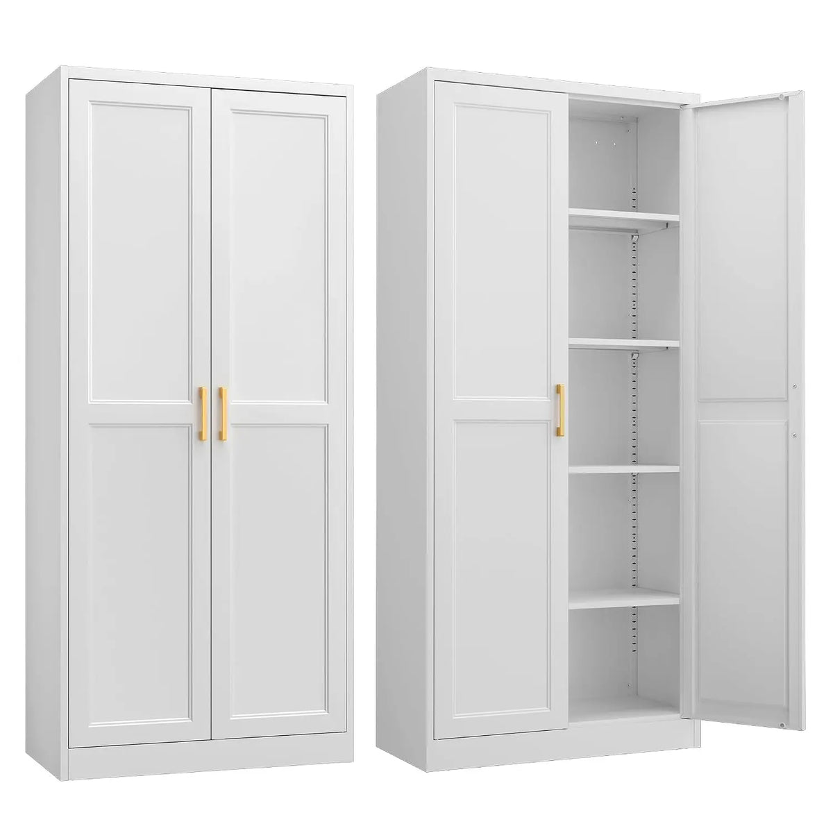 Evrienne White variant with paneled doors, gold-tone handles and four interior shelves
