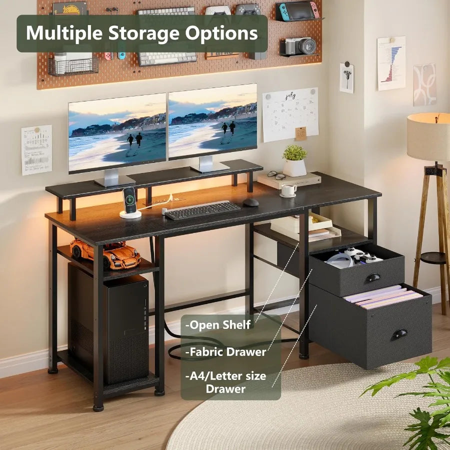 Open fabric drawers with a deeper file drawer and adjacent storage shelves