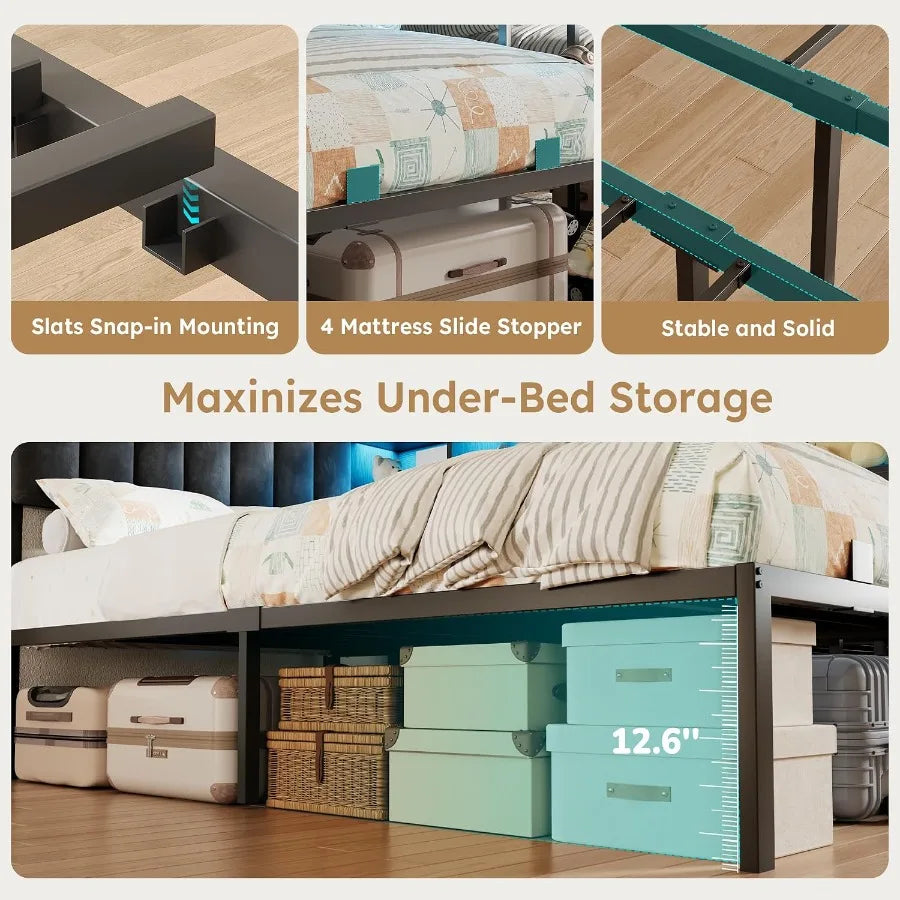 Metal slat connections, mattress stoppers and underbed storage clearance