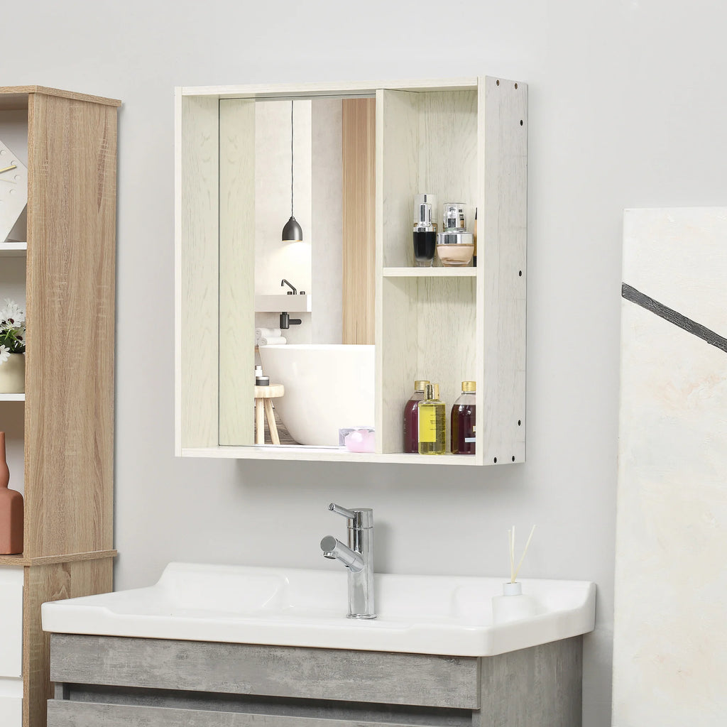 Silhouettewhisper white wood-grain wall mirror with two open side shelves above a bathroom sink