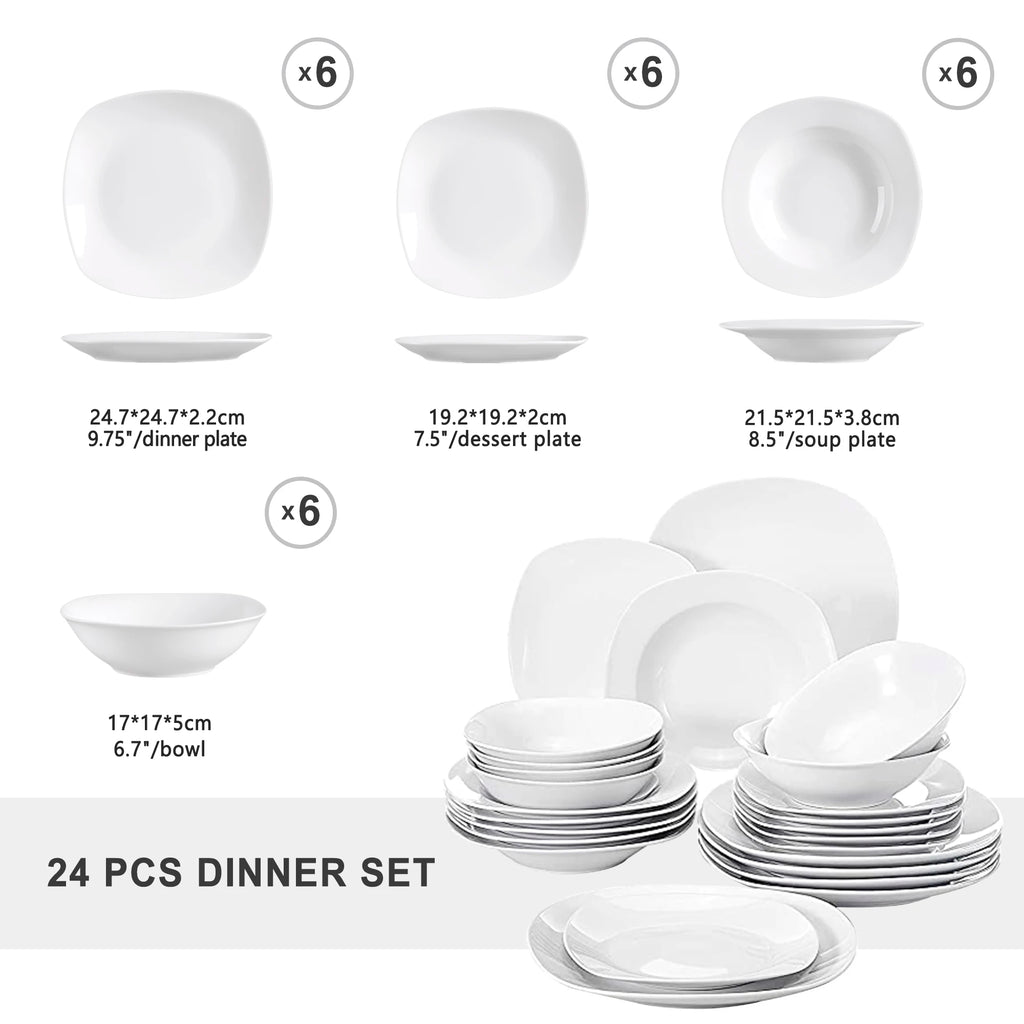 MALACASA Elisa White Porcelain Dinnerware Set – 24 Pieces, Service for 6