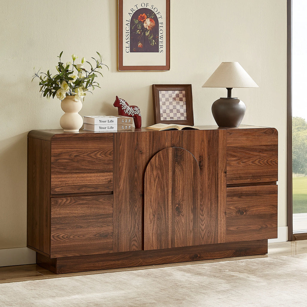 60-inch Walnut Brown Pearlrise with four side drawers and arched center doors