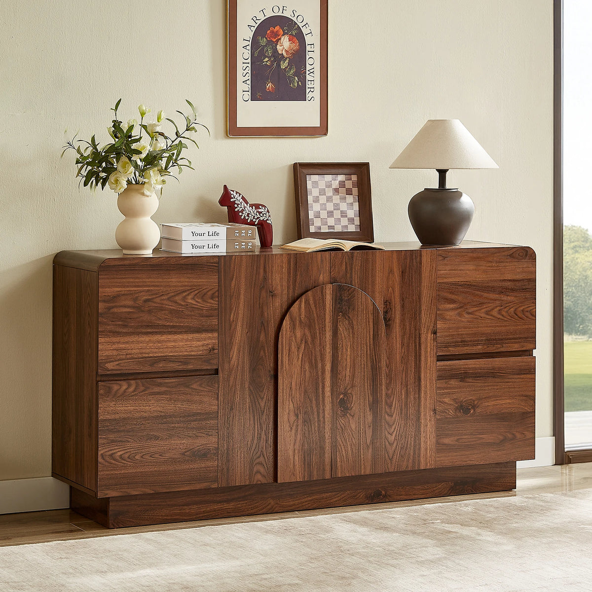 60-inch Walnut Brown Pearlrise with four side drawers and arched center doors