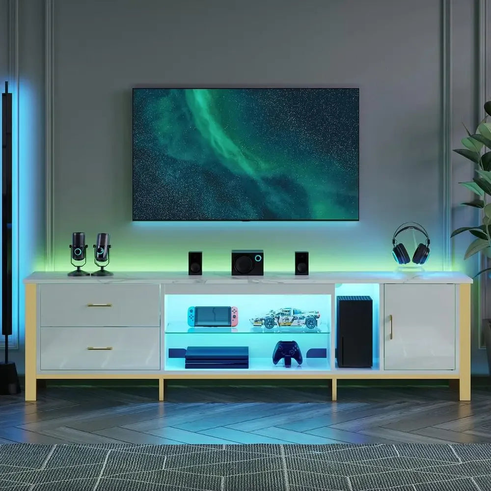 Merovelle LED entertainment console styled with gaming and audio accessories
