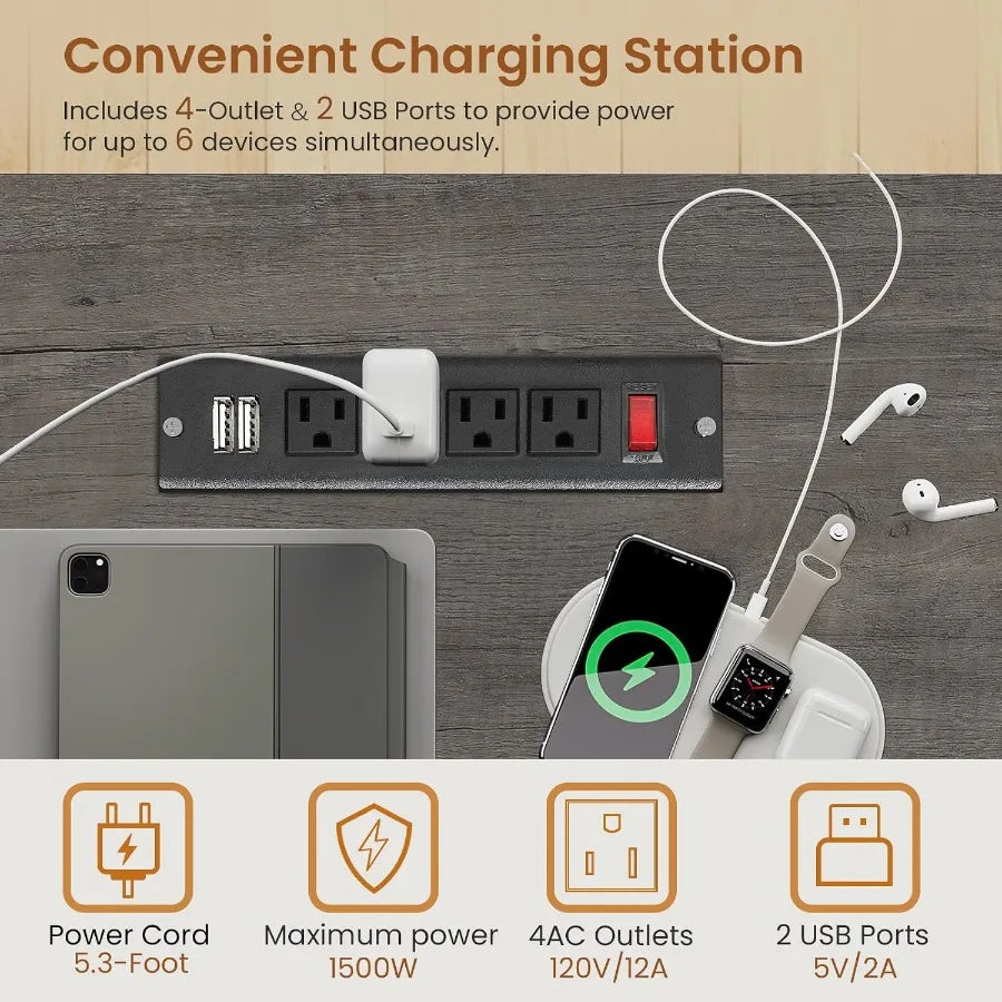 Close-up of the desktop power strip with USB ports, four outlets and an illuminated switch.