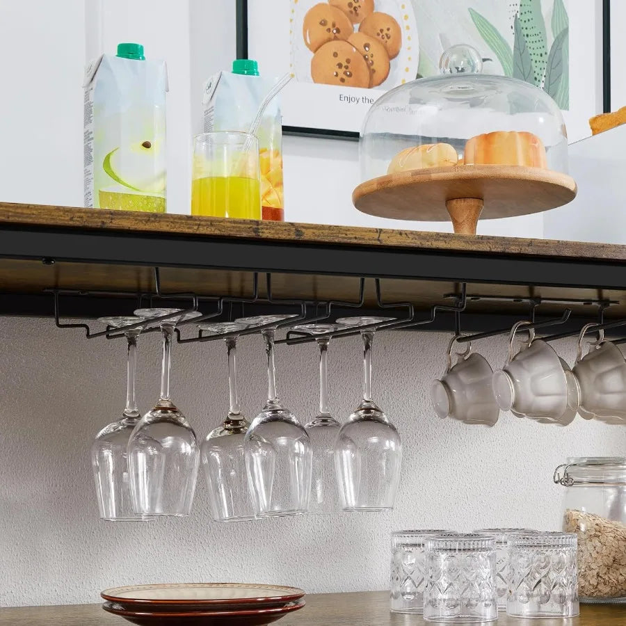 Undertop stemware and mug racks holding glasses and cups