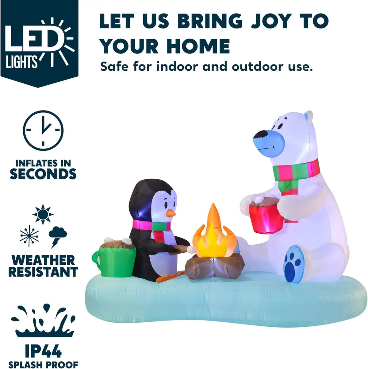 Cocoafrost bear, penguin, cocoa and pretend campfire inflatable feature overview.