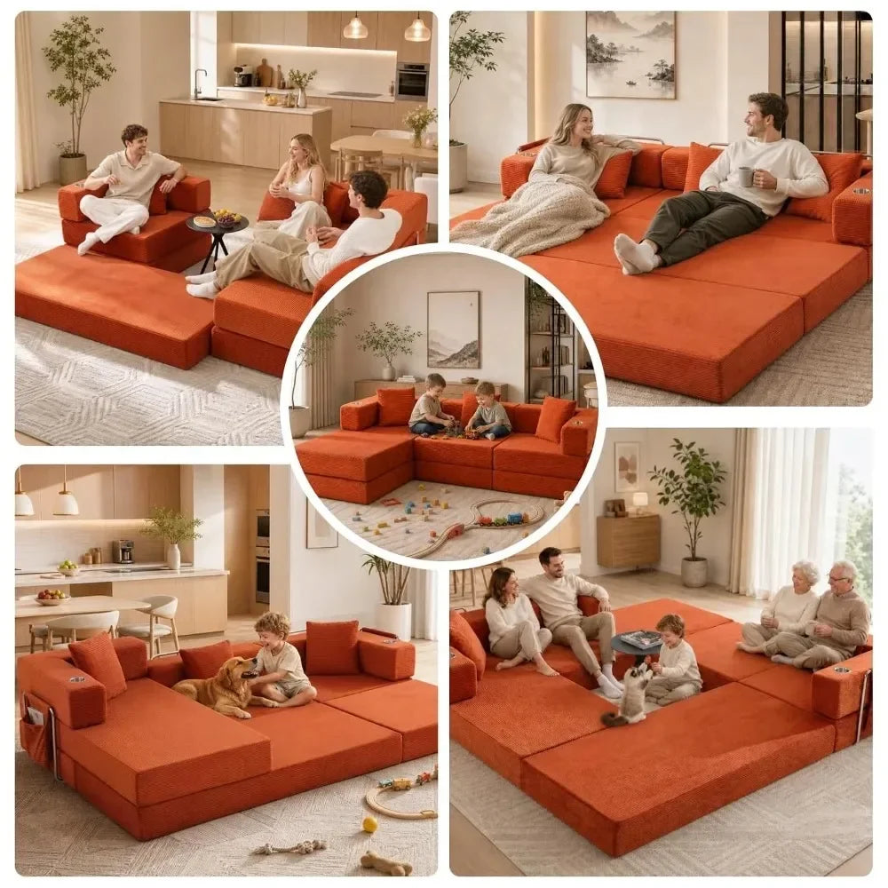 Orange demonstration sectional in alternate lounge layouts