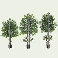 Three artificial trees of different heights with measurement indicators on a beige background