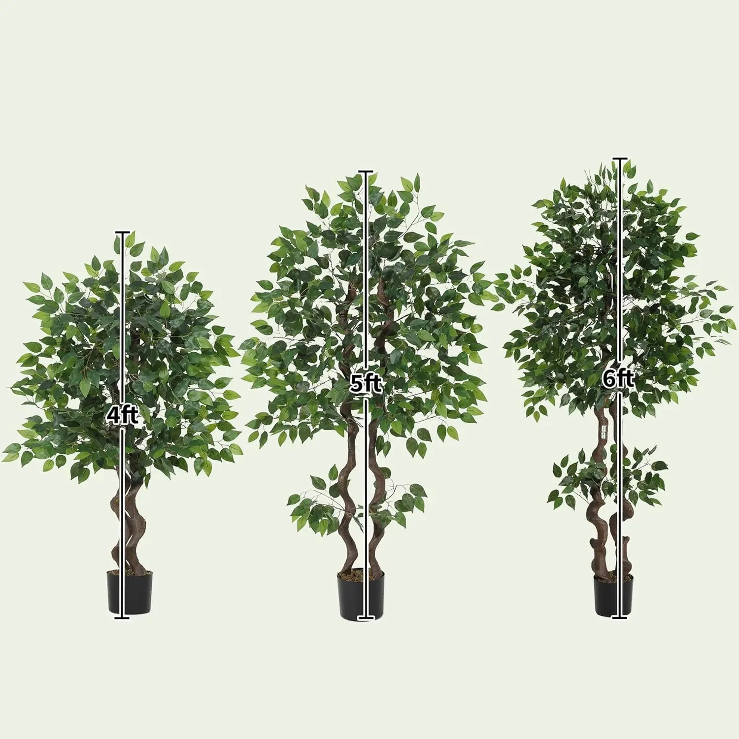 Three artificial trees of different heights with measurement indicators on a beige background
