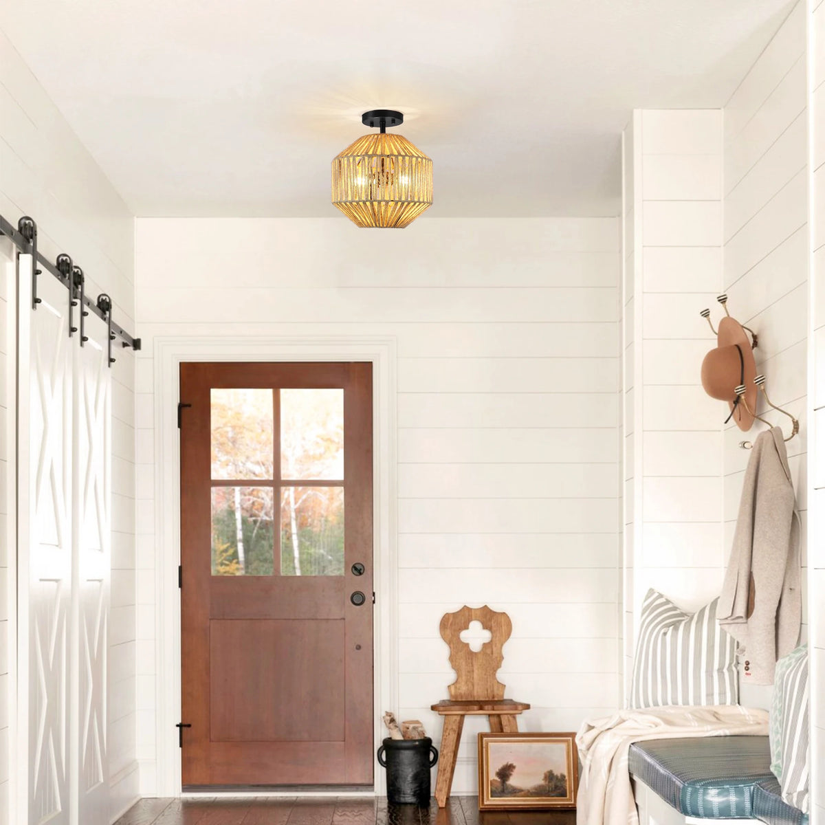 Hearthweave Two-Light Rattan Flush Mount