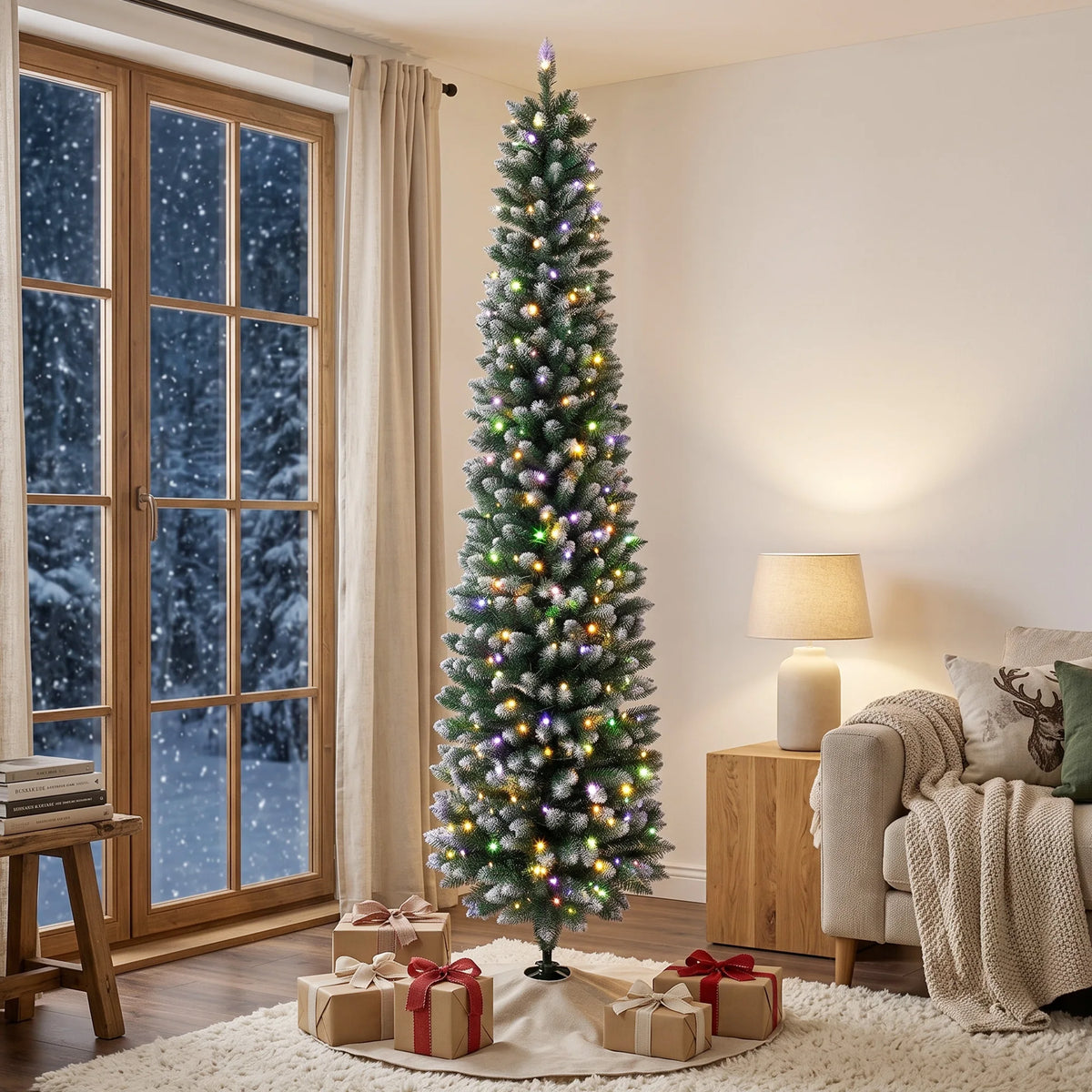 Icebeam pencil Christmas tree displayed in an indoor holiday setting