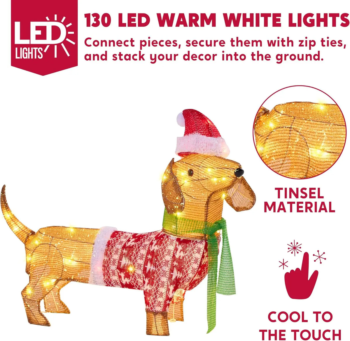 Kipwick warm-white lights and tinsel texture on the dachshund decoration