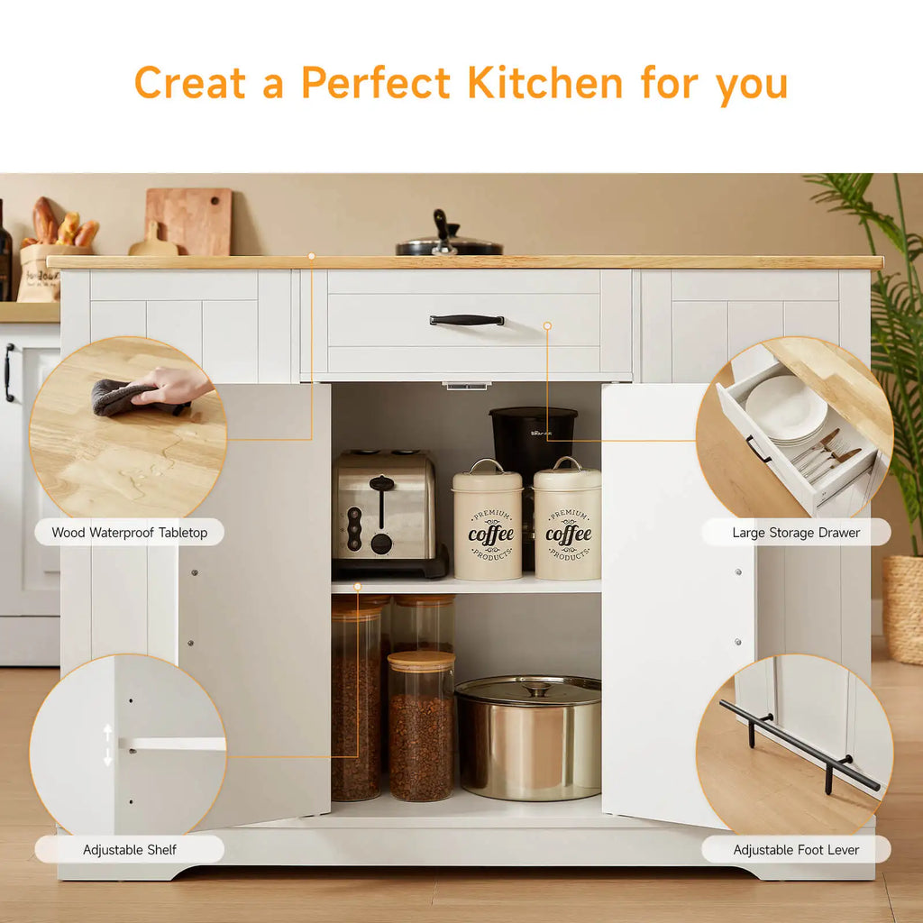 Sablecharm ivory cabinet with open doors, adjustable shelf, drawer and foot-leveler details