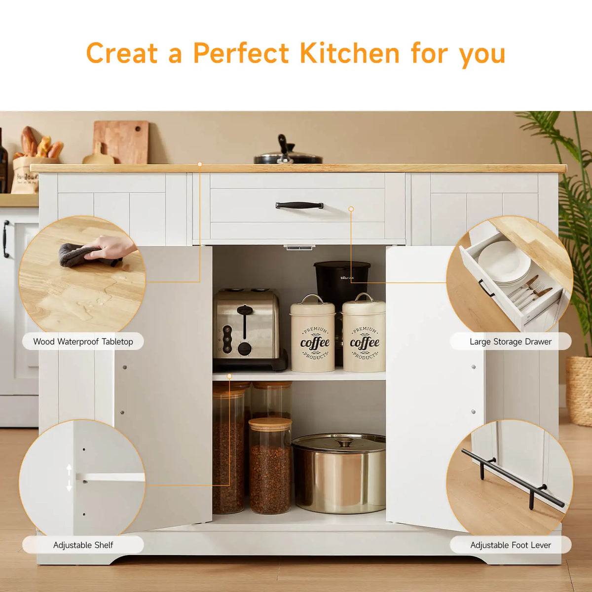 Sablecharm ivory cabinet with open doors, adjustable shelf, drawer and foot-leveler details