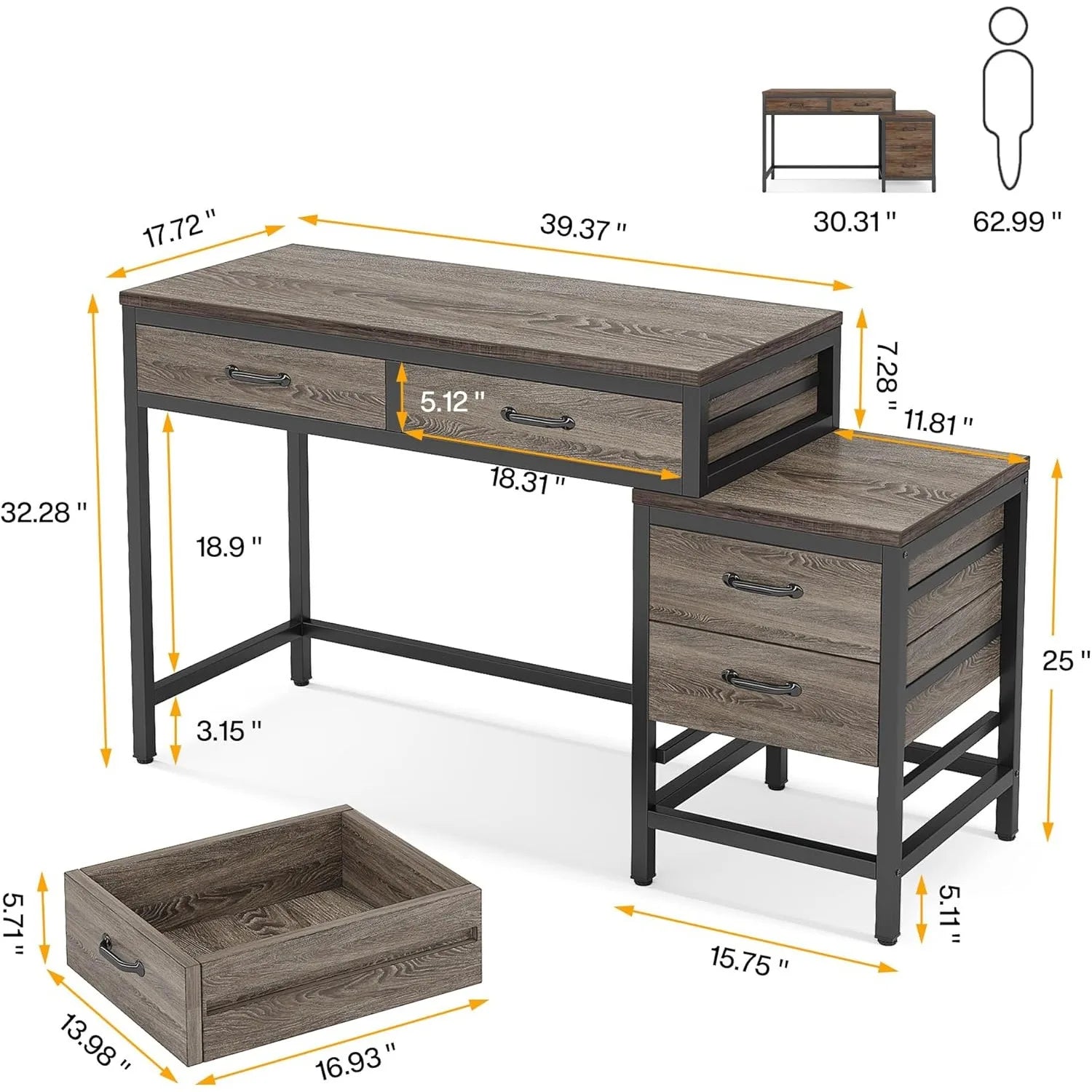 Wooden desk with dimensions labeled on a white background