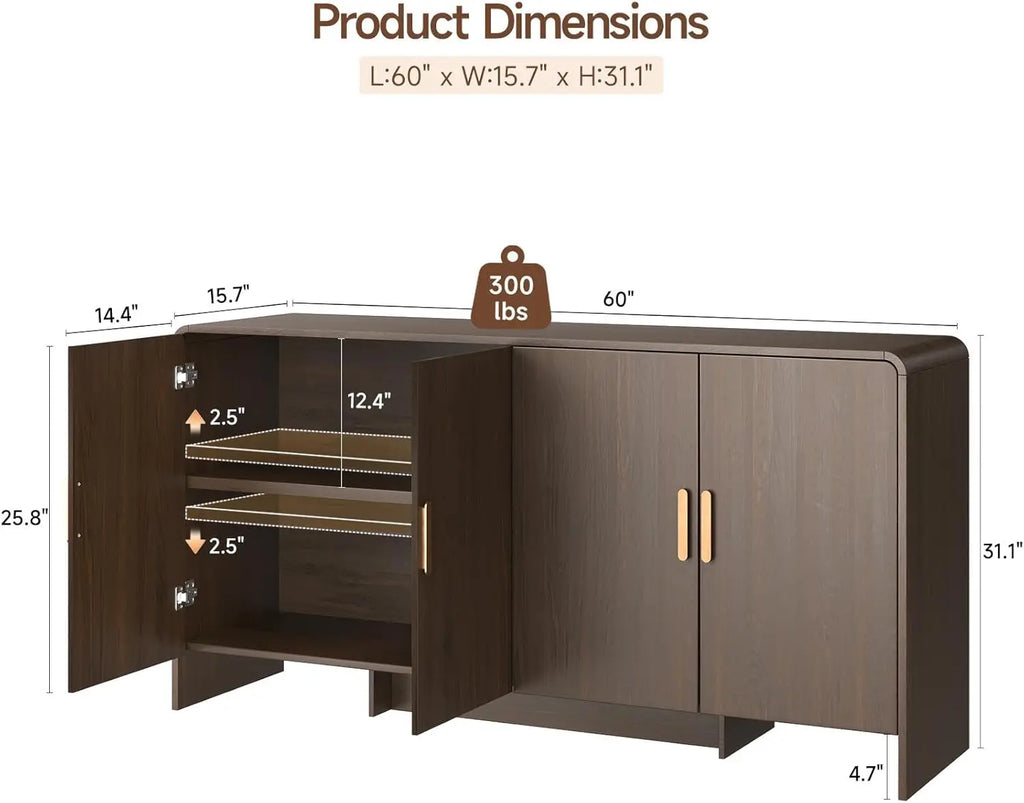 Fawnecho size diagram showing 60-inch width, 15.7-inch depth, 31.1-inch height and adjustable shelving