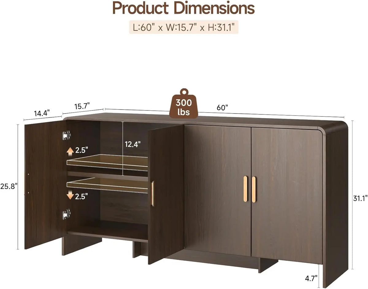 Fawnecho size diagram showing 60-inch width, 15.7-inch depth, 31.1-inch height and adjustable shelving