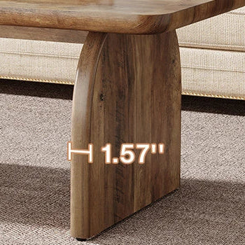 Wooden table leg with measurement label on a carpeted floor