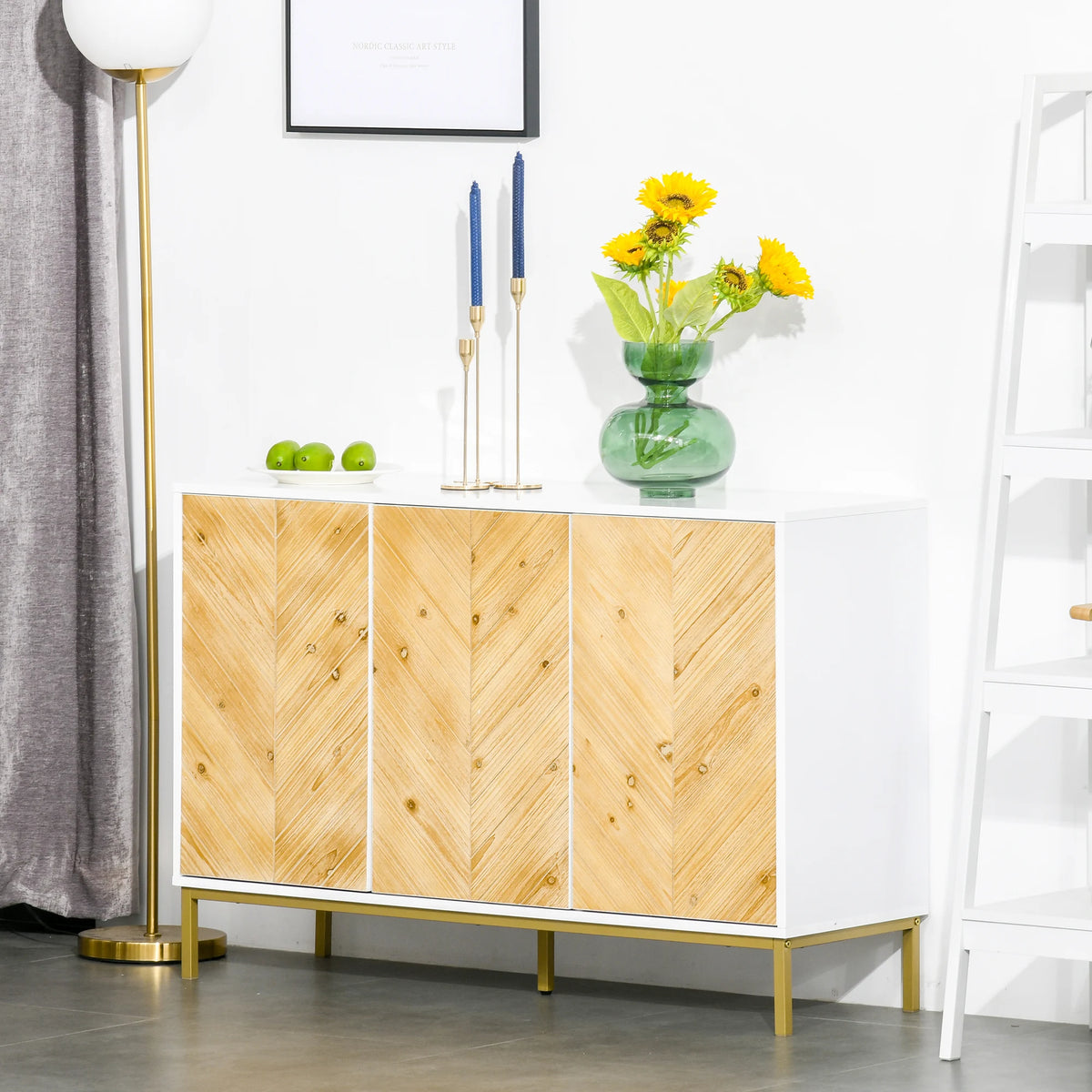 Zephyrlark chevron sideboard styled beside a floor lamp with flowers and candles on top