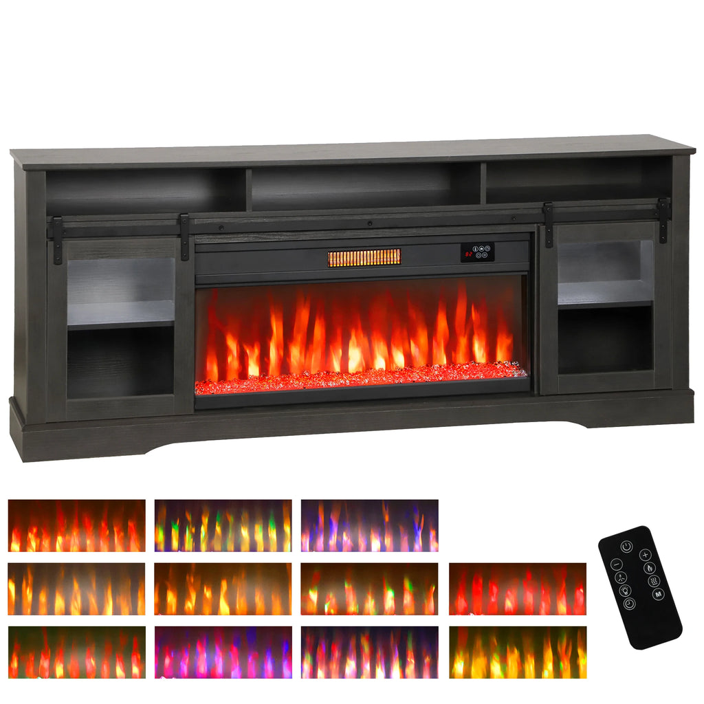 Threadveil dark gray fireplace TV stand with glass-front sliding doors and remote control.
