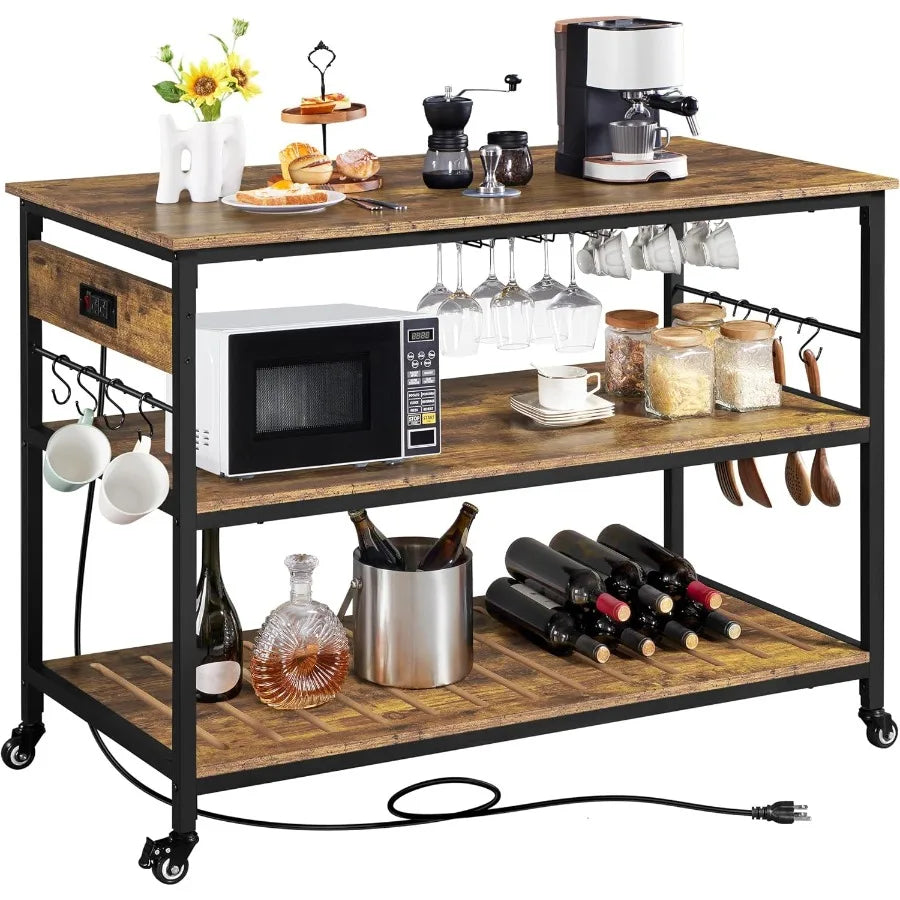 Open-shelf kitchen cart with black frame and hanging glassware